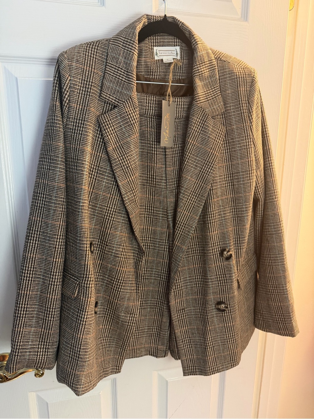 Checked Double-Breasted Blazer Jacket and Bermuda Short Set in Neutral Plaid